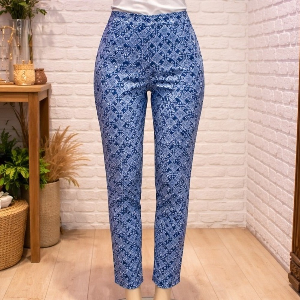 Chico's 2 Blue So Slimming Ankle Pants Geometric Print Cotton Blend Large
